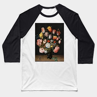 A still life of tulips, roses, bluebells, daffodils, a peony and other flowers in a glass roemer on a wooden ledge with a dragonfly by Jacob van Hulsdonck Baseball T-Shirt